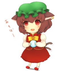 Rule 34 | 1girl, :d, animal ears, bad id, bad pixiv id, ball, blush, brown hair, cat ears, cat girl, cat tail, chen, chibi, dress, earrings, fang, female focus, frills, holding, jewelry, multiple tails, open mouth, red eyes, rei (tonbo0430), simple background, single earring, slit pupils, smile, socks, solo, standing, tail, tareme, touhou, white socks