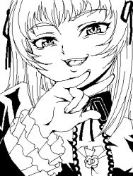 Rule 34 | 1girl, greyscale, kasanui, laughing, long hair, looking at viewer, lowres, monochrome, rozen maiden, solo, suigintou