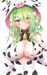 Rule 34 | 1girl, absurdres, animal print, antlers, bare shoulders, bell, blush, braid, braided bangs, branch, breast lift, breasts, ceres fauna, choker, cleavage, closed mouth, colored inner hair, cow hood, cow print, flower, green hair, hair flower, hair ornament, hair over one eye, head tilt, highres, hololive, hololive english, hood, hood up, hoodie, horns, large breasts, long bangs, long hair, long sleeves, looking at viewer, multicolored hair, neck bell, onabe no shime, one side up, partially unzipped, simple background, smile, solo, straight-on, streaked hair, upper body, virtual youtuber, white background, yellow eyes