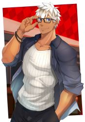 Rule 34 | 1boy, alternate costume, archer (fate), bara, brown eyes, crow (siranui), dark-skinned male, dark skin, fate/grand order, fate/stay night, fate (series), glasses, highres, large pectorals, looking at viewer, male focus, muscular, pants, pectorals, short hair, smile, solo, archer (summer casual) (fate), tank top, white hair