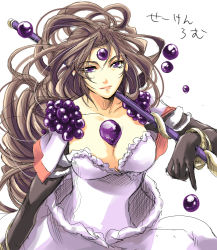 Rule 34 | 1girl, blackpearl, breasts, brown hair, cleavage, dress, elbow gloves, flieger, gloves, highres, large breasts, legend of mana, long hair, purple eyes, seiken densetsu, solo, weapon