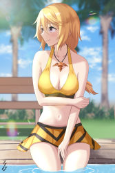 Rule 34 | 1girl, absurdres, bench, bikini, blonde hair, blue sky, blurry, breasts, charlotte dunois, cleavage, cloud, cowboy shot, day, depth of field, highres, infinite stratos, large breasts, long hair, looking to the side, low ponytail, outdoors, purple eyes, sitting, sky, soaking feet, solo, swimsuit, tenpa (tenpa2190), tree, water, yellow bikini