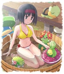 Rule 34 | 1girl, absurdres, bare arms, barefoot, bellossom, bikini, black hair, breasts, budew, cleavage, closed mouth, collarbone, commentary request, creatures (company), erika (pokemon), eyelashes, foongus, game freak, gen 2 pokemon, gen 3 pokemon, gen 4 pokemon, gen 5 pokemon, grass, hairband, highres, holding, innertube, legendary pokemon, lotad, medium breasts, mythical pokemon, navel, nintendo, pokemoa, pokemon, pokemon (creature), pokemon frlg, shaymin, shaymin (land), short hair, sitting, smile, soles, swim ring, swimsuit, toes, turtwig, water