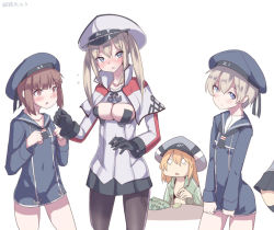 Rule 34 | 10s, 2015, 5girls, :o, artist name, bag, bismarck (kancolle), black gloves, black legwear, black skirt, blonde hair, blue eyes, blush, breasts, brown eyes, brown hair, capelet, chestnut mouth, cleavage, clothes writing, dated, dress, covered erect nipples, gloves, graf zeppelin (kancolle), hair between eyes, hat, kantai collection, long hair, long sleeves, medium breasts, microskirt, military, military uniform, multiple girls, nose blush, pantyhose, pasties, peaked cap, pleated skirt, prinz eugen (kancolle), sailor dress, sailor hat, short hair, silver bell (artist), simple background, skirt, soylent green (movie), twintails, uniform, white background, z1 leberecht maass (kancolle), z3 max schultz (kancolle)