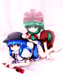 2girls all_fours blue_hair bow food front_ponytail fruit green_eyes green_hair hair_bow hat highres hinanawi_tenshi kagiyama_hina long_hair multiple_girls panties peach red_eyes ribbon touhou tsubasa_(abchipika) underwear