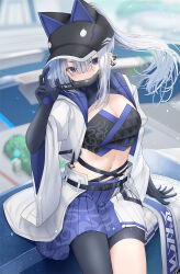 Rule 34 | 1girl, animal ear headwear, belt, blue eyes, breasts, cleavage, cropped jacket, din (flypaper), fake animal ears, gloves, grey hair, grin, hand up, hat, highres, jacket, long hair, long sleeves, mask, mask pull, medium breasts, midriff, mouth mask, multiple piercings, navel, open clothes, open jacket, pantyhose, pantyhose under shorts, phantasy star, phantasy star online 2, phantasy star online 2 new genesis, ponytail, shorts, sitting, skirt, smile, solo, stomach, wide sleeves