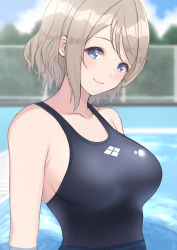 Rule 34 | 1girl, absurdres, arhah, bad id, bad pixiv id, black one-piece swimsuit, blue eyes, blue sky, blurry, breasts, chain-link fence, cloud, collarbone, competition swimsuit, day, depth of field, fence, grey hair, highres, large breasts, logo, looking at viewer, love live!, love live! sunshine!!, one-piece swimsuit, outdoors, partially submerged, pool, short hair, sky, solo, swimsuit, upper body, watanabe you
