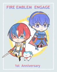 Rule 34 | 2boys, alear (fire emblem), alear (male) (fire emblem), blue eyes, blue hair, cape, chibi, closed mouth, commentary request, crossed bangs, fire emblem, fire emblem engage, gloves, hair between eyes, highres, holding, holding sword, holding weapon, marth (fire emblem), multicolored hair, multiple boys, nintendo, red cape, red eyes, red hair, short hair, smile, sn eng gyk0707, sommie (fire emblem), split-color hair, sword, weapon