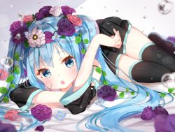 Rule 34 | 1girl, :o, arm up, bare shoulders, bed sheet, black footwear, black skirt, black thighhighs, blue eyes, blue hair, blush, boots, detached sleeves, flower, flower wreath, foreshortening, full body, hand on own arm, hatsune miku, head wreath, highres, holding own arm, jimmy madomagi, leaf, long hair, long sleeves, looking at viewer, lying, matching hair/eyes, on stomach, open mouth, pink flower, pink rose, plant, pleated skirt, purple flower, purple rose, rose, simple background, skirt, solo, tareme, thigh boots, thighhighs, twintails, very long hair, vines, vocaloid, water, water drop, white background, zettai ryouiki