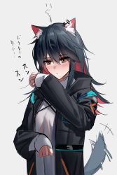Rule 34 | 1girl, animal ear fluff, animal ears, arknights, black coat, black hair, blush, closed mouth, coat, cosplay, doctor (arknights), doctor (arknights) (cosplay), grey background, highres, long hair, long sleeves, multicolored hair, open clothes, open coat, red eyes, red hair, shirt, shokuyou koori, simple background, sleeves past wrists, smell, solo, tail, tail wagging, texas (arknights), translated, two-tone hair, white shirt, wolf ears, wolf girl, wolf tail