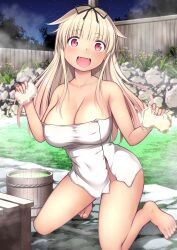 Rule 34 | 1girl, :d, absurdres, alternate breast size, barefoot, basket, blonde hair, breasts, cleavage, collarbone, commentary request, hair flaps, hair ribbon, highres, holding, holding sponge, kantai collection, kneeling, kuromayu, large breasts, long hair, looking at viewer, naked towel, onsen, open mouth, outdoors, red eyes, ribbon, smile, solo, sponge, toes, towel, white towel, yuudachi (kancolle), yuudachi kai ni (kancolle)
