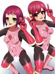 Rule 34 | 2girls, blush, bodysuit, boots, breasts, censored, clothes lift, cosplay, gloves, gradient background, green eyes, hair ornament, highres, leotard, looking at viewer, mayl sakurai (mega man), medium breasts, mega man (series), mega man battle network, mega man star force, multiple girls, open mouth, pink hair, roll.exe (mega man) (cosplay), shiny clothes, simple background, skin tight, skirt, skirt lift, smile, sonia strumm (mega man), v, xenoxeno