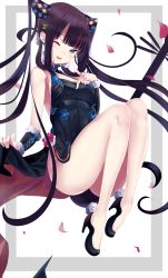 Rule 34 | 1girl, absurdres, artist request, bare shoulders, black dress, black footwear, blue eyes, blunt bangs, blush, breasts, china dress, chinese clothes, detached sleeves, dress, fate/grand order, fate (series), hair ornament, high heels, highres, knees up, leaf hair ornament, legs, long hair, looking at viewer, medium breasts, one eye closed, open mouth, pipa (instrument), purple hair, side slit, sidelocks, smile, twintails, very long hair, yang guifei (fate), yang guifei (second ascension) (fate)