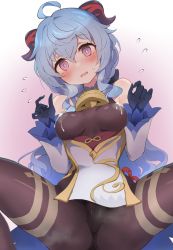 Rule 34 | 1girl, bad id, bad pixiv id, black pantyhose, blue hair, blush, breasts, breasts apart, cowbell, detached sleeves, embarrassed, ganyu (genshin impact), genshin impact, gloves, highres, hone kawa, horns, lactation, lactation through clothes, leotard, leotard under clothes, looking at viewer, medium breasts, neck bell, pantyhose, purple eyes, resolution mismatch, solo, source larger, spread legs, sweatdrop
