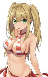 Rule 34 | 1girl, bare shoulders, bikini, blonde hair, blush, breasts, cleavage, closed mouth, collarbone, earrings, fate/grand order, fate (series), green eyes, hair intakes, halterneck, halterneck, highres, jewelry, large breasts, looking at viewer, navel, nero claudius (fate), nero claudius (fate) (all), nero claudius (swimsuit caster) (fate), side-tie bikini bottom, smile, solo, suiroh (shideoukami), swimsuit, tongue, tongue out, twintails