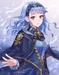 Rule 34 | 1girl, blue cape, blue dress, blue hair, blue hairband, breasts, brown eyes, cape, center frills, commentary request, dress, fire emblem, fire emblem: three houses, fire emblem warriors, fire emblem warriors: three hopes, floating hair, frills, hairband, lace hairband, long hair, long sleeves, looking at viewer, marianne von edmund, medium breasts, nintendo, official alternate hairstyle, snowflakes, solo, twitter username, wavy hair, yamigo