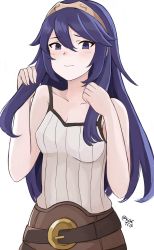 Rule 34 | 1girl, blue eyes, blue hair, blush, breasts, camisole, cleavage, closed mouth, commentary, cosplay, fire emblem, fire emblem awakening, hair over one eye, highres, kgctcg, long hair, lucina (fire emblem), medium breasts, nintendo, robin (female) (fire emblem), robin (female) (fire emblem) (cosplay), robin (fire emblem), robin (fire emblem) (cosplay), simple background, smile, solo, tiara, white background