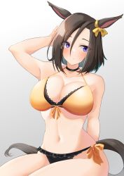Rule 34 | 1girl, air groove (umamusume), animal ears, arm up, bare arms, bare shoulders, bikini, black choker, black hair, blush, bow, breasts, choker, cleavage, commentary request, ear bow, front-tie bikini top, front-tie top, gradient background, grey background, halterneck, highres, horse ears, komb, large breasts, looking at viewer, navel, partial commentary, purple eyes, short hair, side-tie bikini bottom, solo, stomach, swimsuit, tail, thighs, umamusume, yellow bikini, yellow bow
