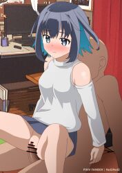 Rule 34 | 16bit sensation, 1boy, 1girl, akisato konoha, bar censor, blue eyes, blue hair, blue skirt, blush, breasts, censored, closed mouth, clothed female nude male, commentary, detached sleeves, faceless, faceless male, hetero, indoors, medium breasts, miniskirt, mio-morimitsu, monitor, multicolored hair, no panties, nude, paid reward available, penis, pussy, reverse cowgirl position, sex, sex from behind, skirt, solo focus, spread legs, straddling, tearing up, two-tone hair