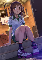 Rule 34 | 1girl, :o, arms at sides, artist logo, artist name, backlighting, ball, basketball, basketball (object), basketball hoop, blush, bralines, brown eyes, brown hair, collared shirt, commentary request, curtains, diagonal bangs, door, dutch angle, full body, green shorts, gym shirt, gym shorts, gym uniform, hair tie, highres, long hair, night, one side up, open door, open mouth, original, outdoors, pairan, see-through, shirt, shoes, shorts, sitting, sneakers, solo, stairs, tareme, white footwear, white shirt, window