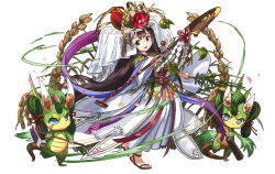 Rule 34 | 1girl, blue eyes, branch, brown hair, comb, crown, flower, green eyes, hat, hat flower, highres, hoe, japanese clothes, kushinada (p&amp;d), long hair, magatama, official art, open mouth, puzzle &amp; dragons, sandals, shovel, standing, worktool