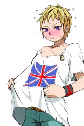Rule 34 | 10s, belt, blonde hair, blush, breasts, brown belt, denim, drifters, earrings, flag, jeanne d&#039;arc (drifters), jeans, jewelry, lock, necklace, off shoulder, pants, purple eyes, shirt, short hair, small breasts, stud earrings, t-shirt, torn clothes, torn shirt, union jack, wristband