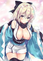Rule 34 | 1girl, areola slip, bare shoulders, blonde hair, blush, bow, breasts, cleavage, commentary request, fate (series), hair bow, hair ribbon, large breasts, looking at viewer, okita souji (fate), okita souji (koha-ace), ribbon, sasorigatame, solo, standing, thighhighs, yellow eyes, zettai ryouiki