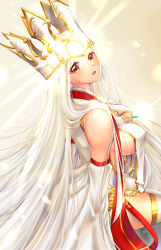 Rule 34 | 1girl, absurdres, bare shoulders, blonde hair, breast curtains, breasts, commentary request, cross, dress, fate/grand order, fate/zero, fate (series), from side, gem, grey hair, highres, irisviel von einzbern, irisviel von einzbern (caster), large breasts, long hair, open mouth, red eyes, sitting, solo, wakana art, white dress, white hair