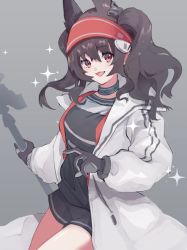 Rule 34 | 1girl, angelina (arknights), animal ears, arknights, black collar, black shirt, black shorts, brown hair, coat, collar, commentary, cowboy shot, earpiece, extra ears, fox ears, hair between eyes, hairband, highres, infection monitor (arknights), long hair, looking at viewer, open clothes, open coat, open mouth, red eyes, red hairband, shirt, shorts, solo, sparkle, tamako (tmc dr), twintails, white coat