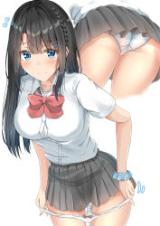 Rule 34 | 1girl, ass, black hair, black skirt, blue eyes, blunt bangs, bow, bow panties, bra, bra peek, braid, breasts, closed mouth, collarbone, collared shirt, commentary request, embarrassed, from behind, hair ornament, hairclip, highres, large breasts, long hair, looking at viewer, mole, mole on ass, mole on thigh, multiple views, original, panties, panty pull, pleated skirt, red neckwear, school uniform, scrunchie, shirt, short sleeves, sidelocks, simple background, skirt, standing, sunsun2812, thighs, underwear, uniform, white background, white bra, white panties, white shirt