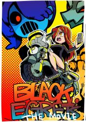 Rule 34 | 2girls, blue hair, blue skin, colored skin, cross, cross necklace, explosion, hair over one eye, imeni-art, jewelry, leviathan (skullgirls), long hair, motor vehicle, motorcycle, movie poster, multiple girls, necklace, open mouth, parasoul (skullgirls), ponytail, red eyes, red hair, robo-fortune, skirt, skullgirls, solo focus, squigly (skullgirls), sweater, turtleneck, turtleneck sweater, walkie-talkie, yellow background, yellow eyes, zombie