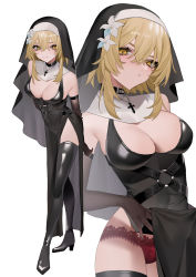 Rule 34 | 1girl, :t, alternate costume, arm behind back, bebe (bebe pp), belt, black choker, black veil, blonde hair, boots, breasts, choker, cleavage, clothes lift, commentary request, cross, cross necklace, dress, dress lift, flower, genshin impact, habit, hair between eyes, hair flower, hair ornament, highres, holding own arm, jewelry, lace, lace-trimmed panties, lace trim, latin cross, leaning forward, lifting own clothes, lingerie, lumine (genshin impact), medium breasts, medium hair, multiple views, necklace, nun, o-ring, o-ring belt, panties, pout, red panties, side slit, simple background, thigh boots, thighhighs, underwear, veil, white background, yellow eyes