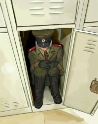 Rule 34 | 1boy, absurdres, black footwear, black gloves, boots, collared shirt, commentary, covered eyes, english commentary, epaulettes, from above, frown, full body, gloves, green hat, green pants, green shirt, grey hair, hands on own knees, hat, highres, in locker, ivan raidenovitch raikov, knee boots, knees up, locker, male focus, medal, metal gear (series), metal gear solid 3: snake eater, military hat, military uniform, necktie, own hands together, pants, ratclinic, red necktie, sad, shirt, short hair, sitting, solo, star (symbol), uniform