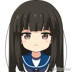 Rule 34 | 1girl, black hair, blue sailor collar, blush, brown eyes, closed mouth, commentary request, hatsuyuki (kancolle), kantai collection, light frown, long hair, looking at viewer, mitya, purple neckwear, sailor collar, school uniform, serafuku, shirt, simple background, solo, twitter username, upper body, white background, white shirt