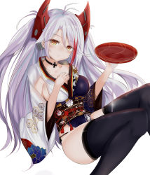 Rule 34 | 1girl, absurdres, alcohol, antenna hair, ass, azur lane, black choker, black panties, black ribbon, black thighhighs, blush, breasts, choker, cleavage, closed mouth, collarbone, cross, cup, eyebrows, eyes visible through hair, fingernails, floral print, food, fur trim, hair between eyes, hair intakes, hair ornament, hand up, head tilt, heart, heart-shaped pupils, highres, holding, holding cup, iron cross, japanese clothes, kimono, large breasts, lips, long fingernails, long hair, long sleeves, looking at viewer, multicolored hair, nail polish, no bra, obi, open mouth, orange eyes, panties, pelvic curtain, pink lips, pouring, prinz eugen (azur lane), prinz eugen (profusion of flowers) (azur lane), red hair, red nails, ribbon, ru zhai, sakazuki, sake, sash, seigaiha, shoes, side-tie panties, side slit, sideboob, silver hair, simple background, skindentation, solo, streaked hair, symbol-shaped pupils, tabi, tachi-e, thighhighs, thighs, tongue, twintails, two-tone hair, two side up, underwear, upper body, very long hair, wagashi, white background, wide sleeves