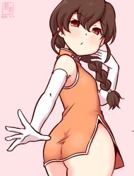 Rule 34 | 1girl, alternate costume, artist logo, ass, braid, brown hair, china dress, chinese clothes, commentary request, dated, dress, elbow gloves, flat chest, gloves, kanon (kurogane knights), kantai collection, long hair, looking at viewer, looking back, one-hour drawing challenge, orange dress, orange eyes, pink background, short dress, simple background, single braid, solo, souya (kancolle), white gloves