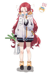 Rule 34 | 1girl, absurdres, bag, blue archive, blue eyes, blush, bow, braid, breath, emoji, flying sweatdrops, forehead, full body, groceries, grocery bag, hair bow, halo, heavy breathing, highres, hood, hooded jacket, id card, jacket, long hair, long sleeves, looking at viewer, mask, mask pull, mouth mask, multicolored clothes, multicolored jacket, one side up, parted bangs, red hair, sandals, shopping bag, simple background, solo, spring onion, standing, very long hair, white background, white bow, xiu kukkii, yuzu (blue archive)