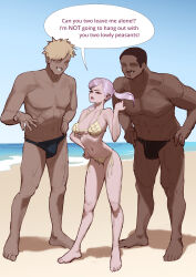 Rule 34 | 1girl, 2boys, absurdres, barefoot, beach, bikini, black clover, black hair, blonde hair, blue sky, breasts, bulge, commentary, dark-skinned male, dark skin, day, english commentary, english text, erection, erection under clothes, full body, grin, hand on own hip, hand up, highres, large breasts, looking at another, male swimwear, multiple boys, muscular, muscular male, navel, noelle silva, outdoors, pink hair, sky, smile, speech bubble, stomach, swim briefs, swimsuit, twintails, wjs07