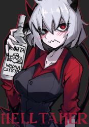 Rule 34 | 1girl, akitsu (davis0527dx), alcohol, annoyed, bad id, bad twitter id, black horns, black tail, black vest, blush, bottle, breasts, demon girl, demon horns, demon tail, english text, formal, heart, heart-shaped pupils, helltaker, highres, horns, looking at viewer, malina (helltaker), medium breasts, red eyes, red shirt, shirt, sleeves rolled up, symbol-shaped pupils, tail, upper body, vest, vodka, white hair