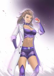 Rule 34 | 1girl, :d, abs, alternate costume, aqua eyes, boots, breasts, brown hair, cleavage, coat, collar, commentary, creatures (company), earrings, eryx45, eyelashes, game freak, glint, hand in pocket, hand up, highres, holding, holding poke ball, jewelry, large breasts, long hair, medium breasts, nintendo, open clothes, open coat, open mouth, poke ball, poke ball (basic), pokemon, pokemon sv, sada (pokemon), shorts, smile, solo, teeth, thighs, tongue, turo (pokemon), turo (pokemon) cosplay, white coat