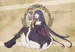 Rule 34 | 10s, 1girl, bad id, bad pixiv id, barakin, boots, colored inner hair, cross-laced footwear, dress, english text, engrish text, female focus, food, gothic lolita, gradient background, ice cream, lolita fashion, long hair, long sleeves, multicolored hair, open mouth, pale skin, panty &amp; stocking with garterbelt, pantyhose, ranguage, sitting, solo, stocking (psg), striped clothes, striped pantyhose, striped thighhighs, sweets, thighhighs, tongue