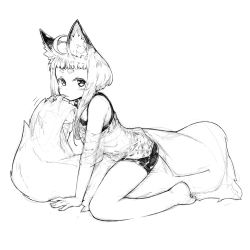 Rule 34 | 1girl, ahoge, animal ears, bare legs, bare shoulders, barefoot, blush, closed mouth, commentary request, fox, fox ears, fox tail, greyscale, jaco, large tail, monochrome, off shoulder, original, shirt, short eyebrows, short hair, short hair with long locks, simple background, solo, straddling, tail, white background