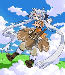 Rule 34 | 1girl, belt, bloomers, blue eyes, boots, bow, cloud, day, dress, female focus, full body, hair bow, long hair, long sleeves, lowres, mof, mof&#039;s silver haired twintailed girl, oekaki, original, outdoors, silver hair, sky, solo, twintails, underwear, very long hair, weapon