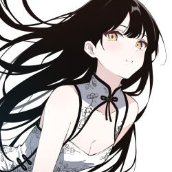 Rule 34 | 1girl, bare shoulders, black hair, breasts, brown eyes, byakuya reki, cleavage, commentary, dress, english commentary, highres, long hair, looking at viewer, original, parted lips, revision, simple background, sleeveless, sleeveless dress, small breasts, smile, solo, very long hair, white background, white dress
