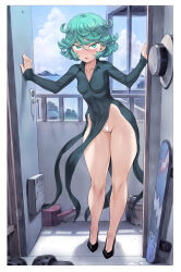 Rule 34 | 1girl, absurdres, bare legs, blush, breasts, cleft of venus, collared dress, covered navel, dress, female focus, full body, green eyes, green hair, hat, highleg, highleg panties, highres, looking at viewer, matching hair/eyes, mogudan, one-punch man, panties, short hair, skateboard, small breasts, solo, tatsumaki, thick thighs, thighs, underwear, watering can, wide hips