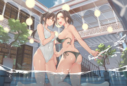 Rule 34 | 2girls, :d, ass, bikini, black bikini, breasts, brown hair, butt crack, closed mouth, cloud, commentary request, competition swimsuit, covered navel, day, feet out of frame, from below, from side, hair between eyes, hand on another&#039;s arm, hand on own chest, hand up, highres, kitazawa (embers), kneeling, large breasts, looking at viewer, looking to the side, md5 mismatch, medium breasts, multiple girls, one-piece swimsuit, open mouth, original, outdoors, ponytail, pool, resolution mismatch, revision, shiny skin, short hair, side-tie bikini bottom, sky, smile, source smaller, splashing, stairs, swimsuit, teeth, tree, untied bikini, upper teeth only, water, white one-piece swimsuit, yellow eyes