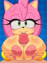 Rule 34 | 1boy, 1girl, absurdres, amy rose, breasts, excito, hetero, highres, large areolae, large breasts, looking at viewer, nail polish, paizuri, penis, pov, pov crotch, smile, solo focus, sonic (series)