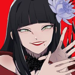 Rule 34 | 1girl, black collar, black hair, blunt bangs, close-up, collar, commentary, epiphyllum, final fantasy, final fantasy xiv, flower, glaa da, green eyes, grin, hair flower, hair ornament, hand gesture, hands up, highres, hyur, lace collar, long hair, looking at viewer, mole, mole under mouth, off shoulder, portrait, purple flower, red background, red lips, sidelocks, simple background, smile, solo, squinting, straight hair, symbol-only commentary, yotsuyu goe brutus