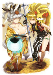 Rule 34 | 2girls, absurdres, ahoge, animal, animal ears, animal on shoulder, bare legs, beads, black dress, blonde hair, breast envy, breasts, china dress, chinese clothes, cleavage, collarbone, colored tips, creatures (company), crossover, dress, fennekin, fingerless gloves, foreshortening, fox, fox ears, fox girl, fox tail, full body, game freak, gen 6 pokemon, gloves, hair rings, hand on own hip, highres, holding, huge breasts, huge filesize, japanese clothes, jitome, kimono, kongiku, lantern, leaf, leaf on head, leaf print, leaning forward, light rays, looking at another, looking at breasts, medium breasts, multicolored hair, multiple girls, nail polish, namco x capcom, nintendo, nose, obi, oboro muramasa, orange kimono, outside border, paper lantern, pokemon, pokemon (creature), ponytail, pout, project x zone, pursed lips, red eyes, sandals, sash, side slit, sidelocks, silver hair, silver nails, sleeveless, sleeveless dress, squiggle, staff, super robot wars, super robot wars og saga mugen no frontier, tail, touyama sairi, trait connection, vest, weapon, wide sleeves, xiaomu, yellow eyes, zipper, zipper pull tab