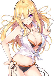 Rule 34 | 1girl, ;), bare arms, bare shoulders, bikini, bikini under clothes, black bikini, blonde hair, blouse, blush, breasts, cleavage, closed mouth, collarbone, collared shirt, commentary request, cu-no, fingernails, front-tie top, groin, hair between eyes, hair ornament, hairclip, hakurei botan, hand up, head tilt, hisen kaede, index finger raised, large breasts, long hair, looking at viewer, nail polish, o-ring, o-ring bikini, o-ring bottom, o-ring top, one eye closed, orange nails, purple eyes, scrunchie, shirt, side-tie bikini bottom, sidelocks, simple background, sleeveless, sleeveless shirt, smile, solo, swimsuit, tied shirt, very long hair, white background, white scrunchie, white shirt, wrist scrunchie